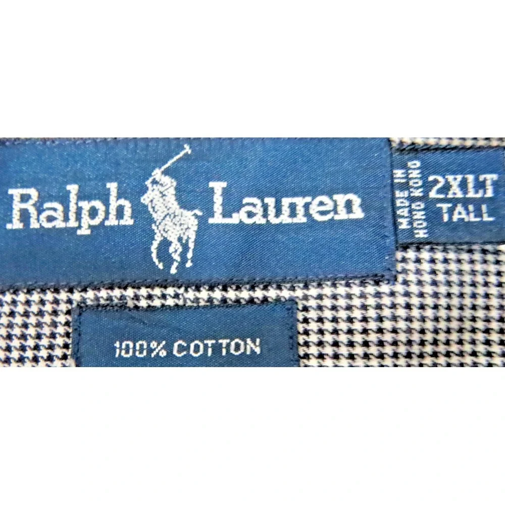 VTG Polo Ralph Lauren Dress Shirt Mens 2XLT Gray Houndstooth Cotton Button Down
